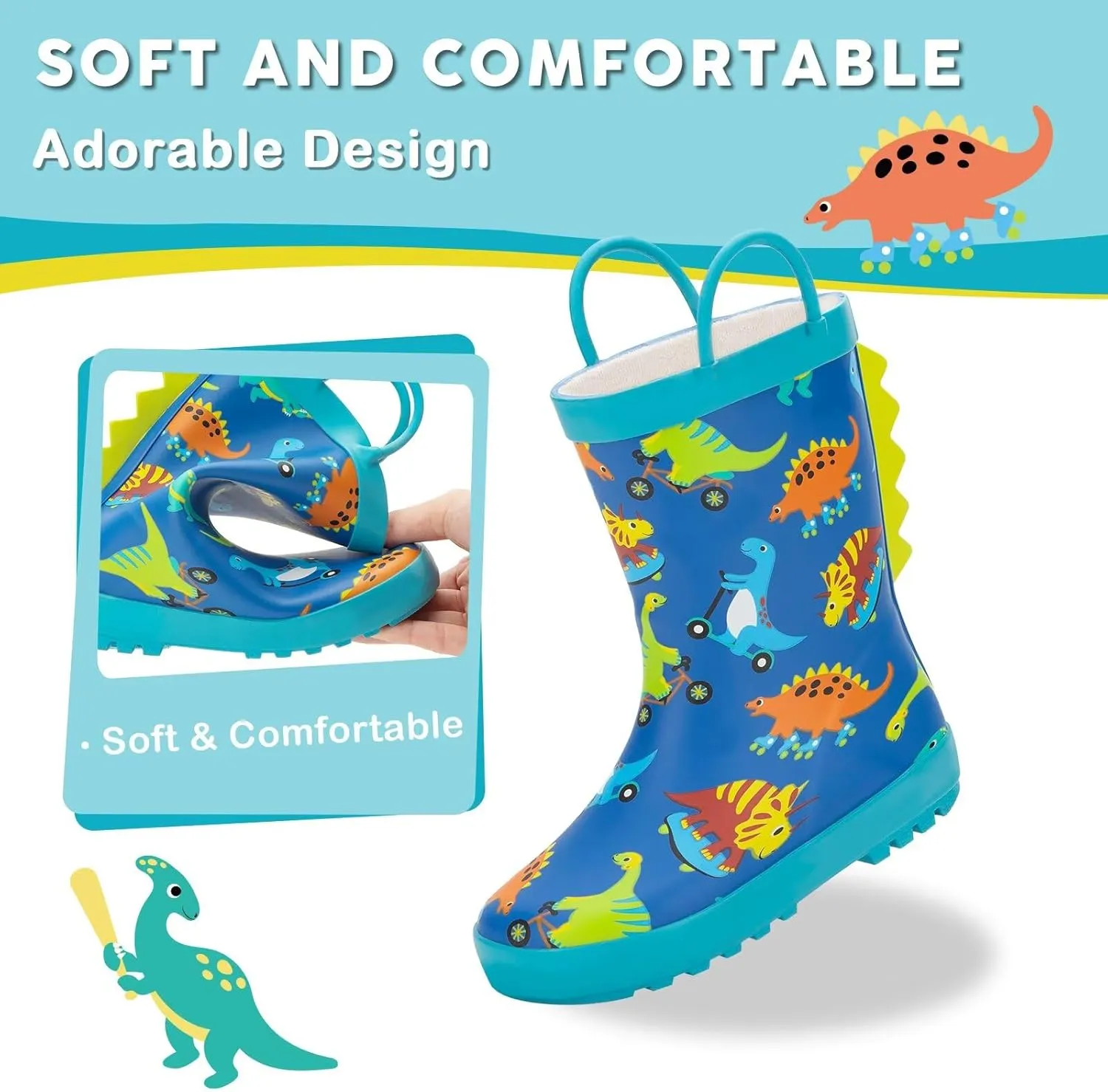 Toddler Rain Boots Kids Waterproof Rubber Boots for Boys and Girls with Handles in Fun Pattern