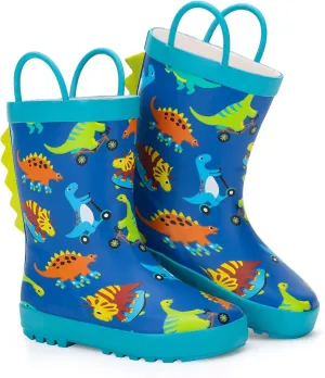 Toddler Rain Boots Kids Waterproof Rubber Boots for Boys and Girls with Handles in Fun Pattern