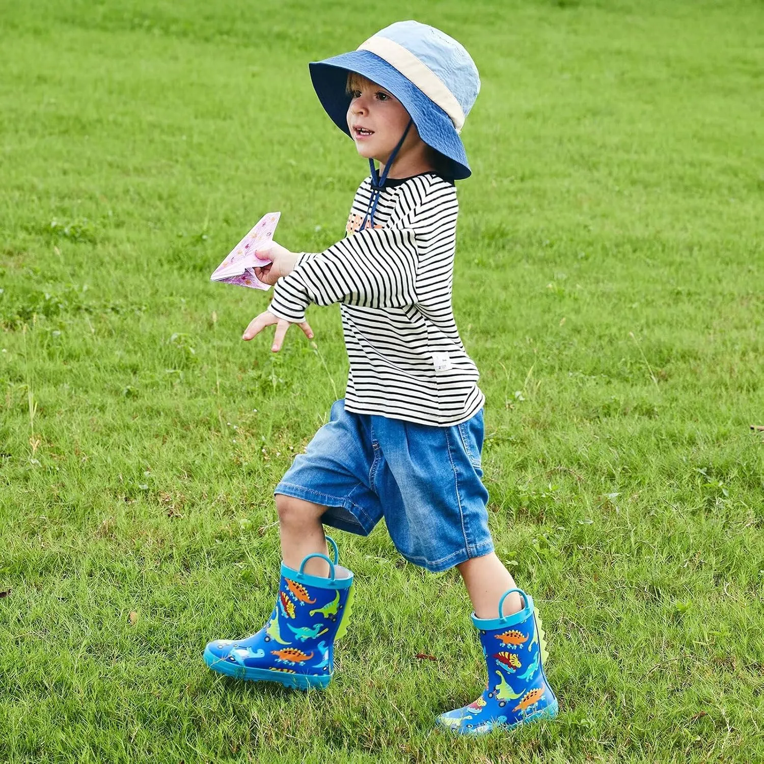 Toddler Rain Boots Kids Waterproof Rubber Boots for Boys and Girls with Handles in Fun Pattern