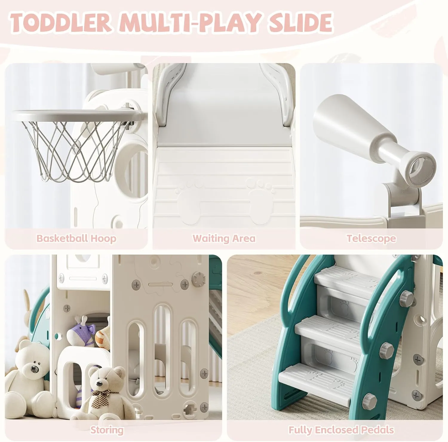 Toddler Slide, Kids Slide for Toddlers Indoor Playset for Toddlers with Basketball Hoop and Ball Playset Telescope