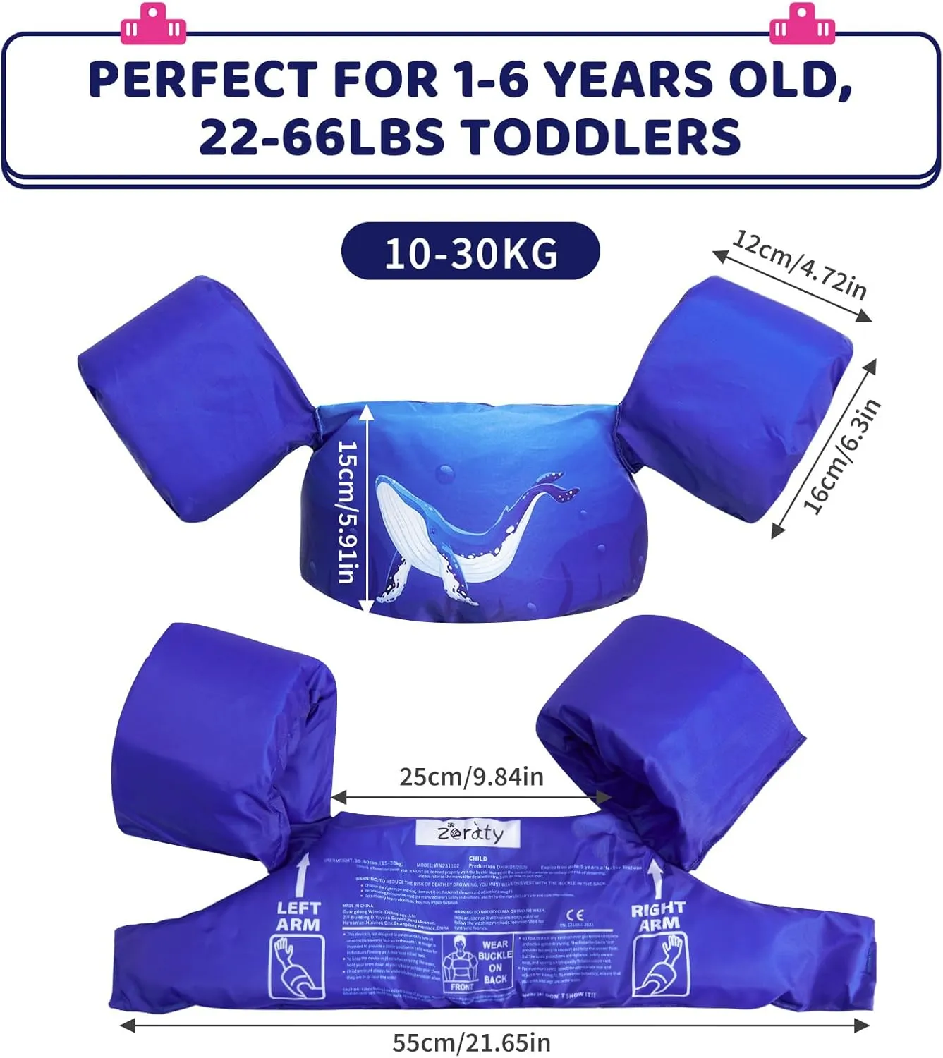 Toddler Swim Vest Toddler Floaties 20-30-50  lbs Puddle Jumper Swim Floaties Pool Float Water Arm Wings Kids with Adjustable Crotch Strap Floaties, Learn to Swim Toddler Boys Girls and Child