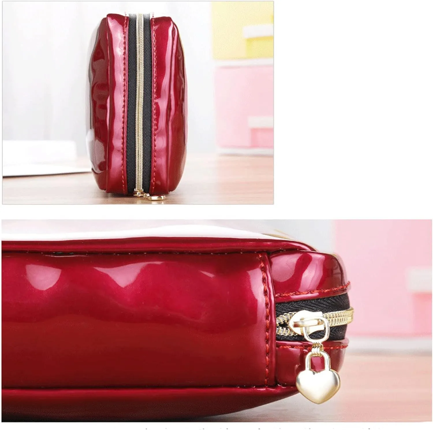 Toiletry Women Square Patent Leather Zipper Make Up Female Travel Cosmetic Case bag (Pink)
