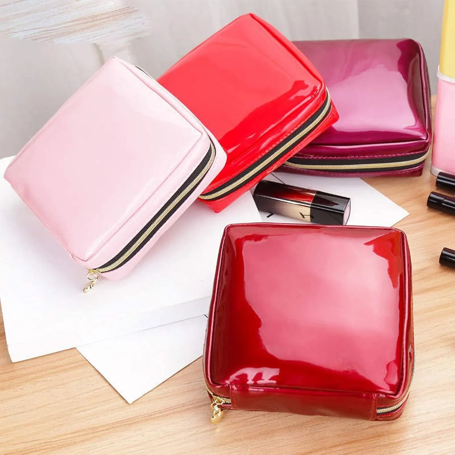 Toiletry Women Square Patent Leather Zipper Make Up Female Travel Cosmetic Case bag (Pink)