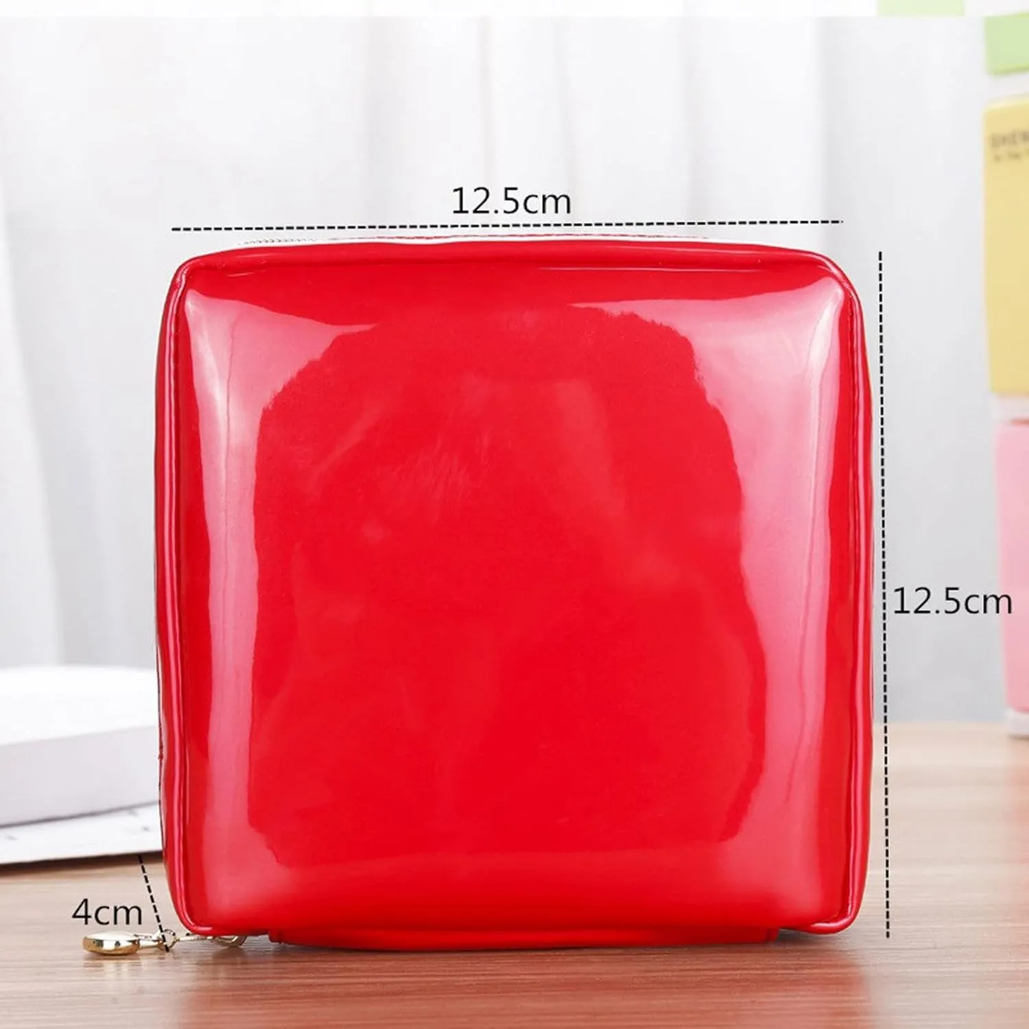 Toiletry Women Square Patent Leather Zipper Make Up Female Travel Cosmetic Case bag (Pink)
