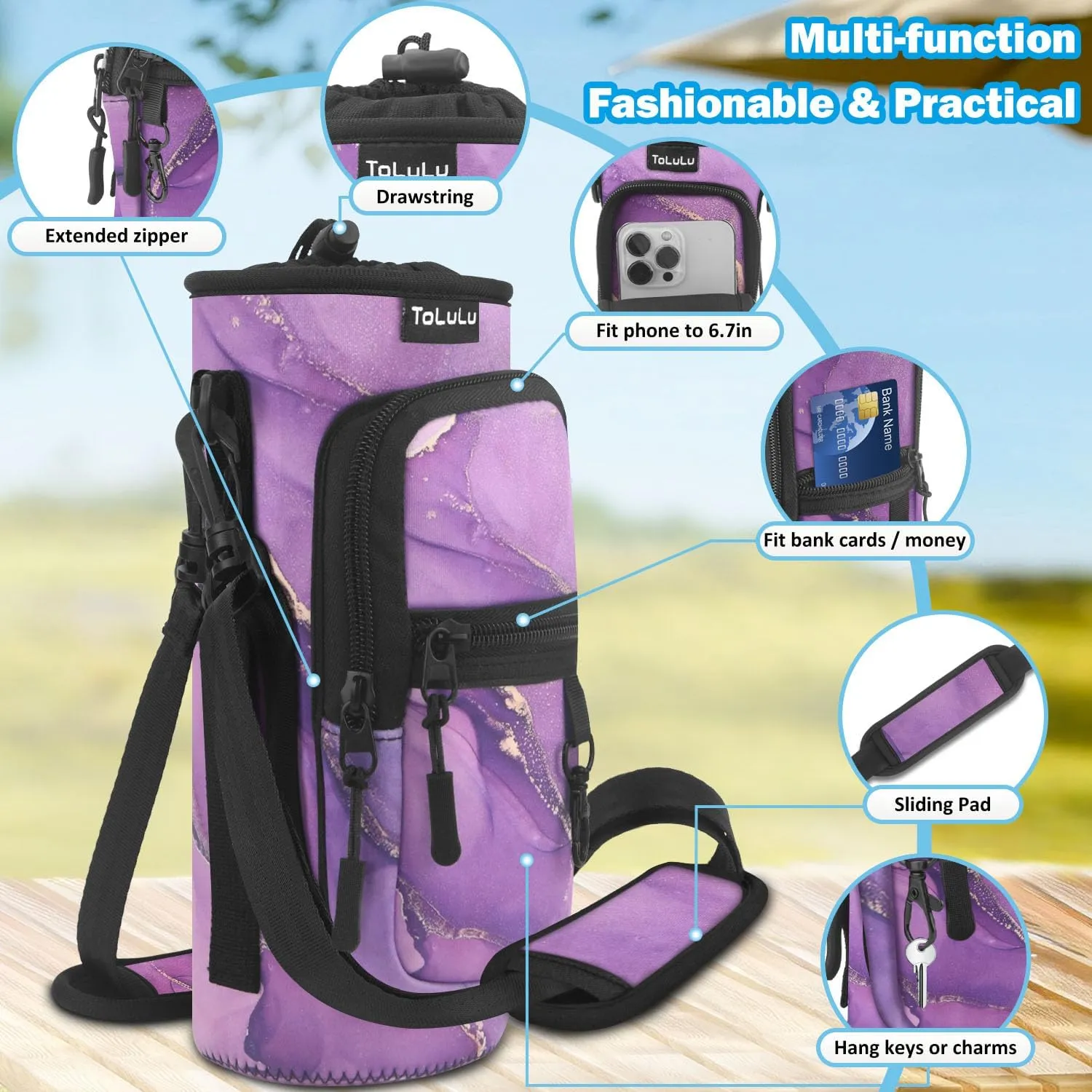 ToLuLu 25/32/40oz Water Bottle Carrier Bag Pocket,Insulated Neoprene Adjustable Shoulder Strap Water Bottle Pouch Case, Crossbody Water Bottle Holder Sling Sleeve for Men Women Adults