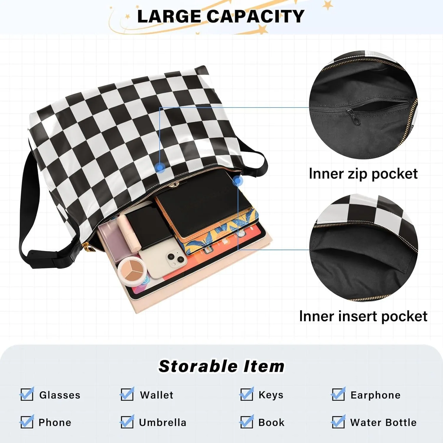 Tote Bag for Women Leather Shoulder Bag Crossbody Bag Girls Cute Tote Bag with Zipper for Work Checkered