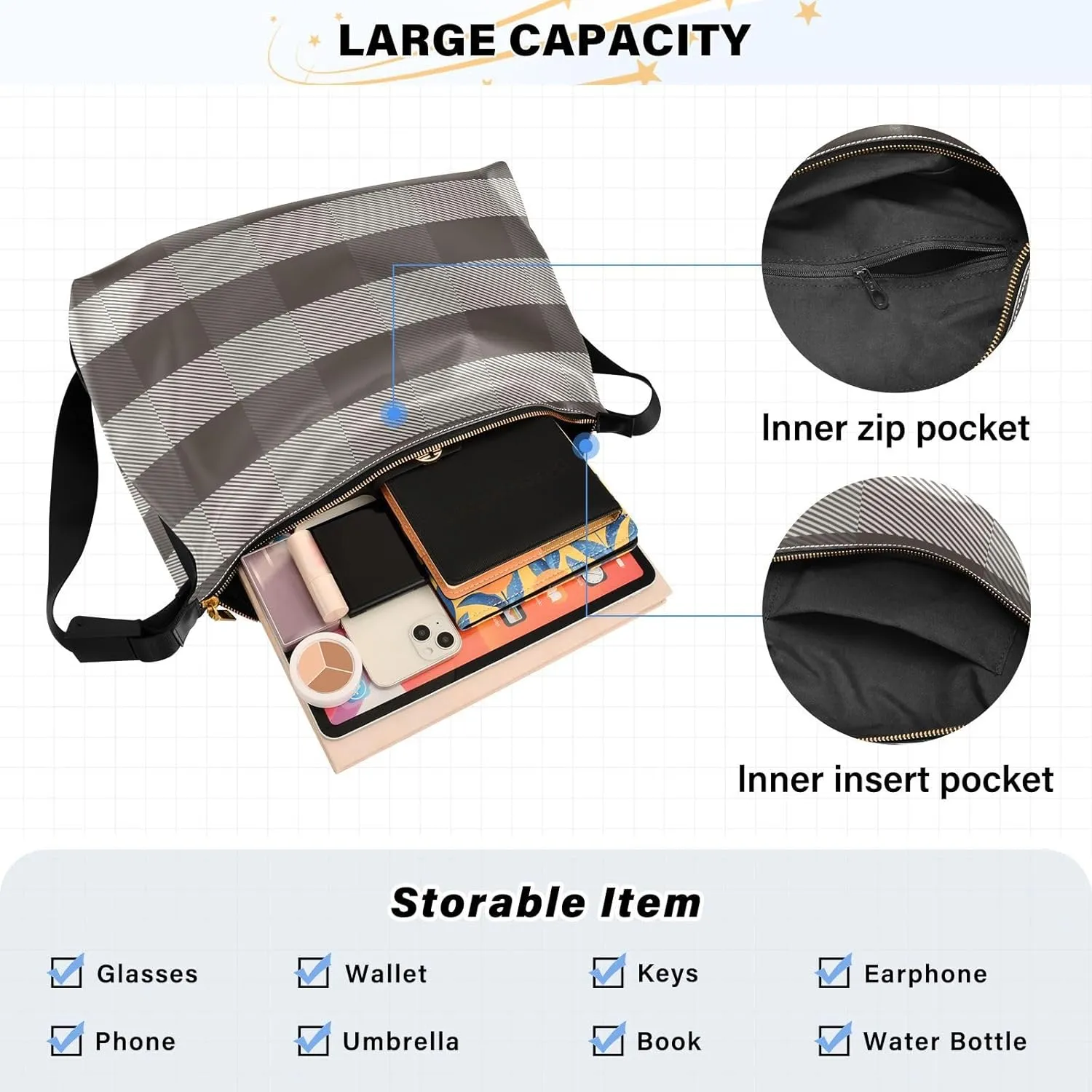 Tote Bag for Women Leather Shoulder Bag Crossbody Bag Girls Cute Tote Bag with Zipper for Work Checkered