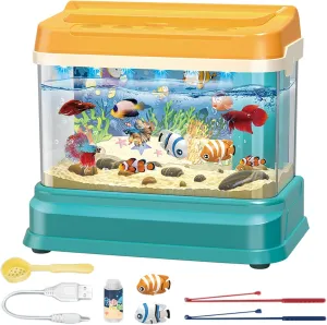 Toy Fish Tank Set Magnetic Realistic Interactive Feeding Toy Fish Tank with Sound and Light 3 Mode USB Power Fake Aquarium with Fishing Rod Net Feed Bottle