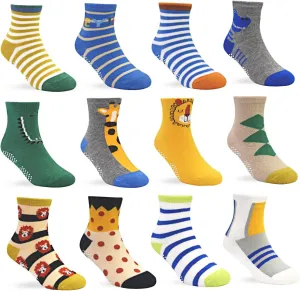 Tphon Toddler Socks, Kids Grip Socks 12 Pairs Non Slip Boys Sock for 1-10 Years Infants Baby Children