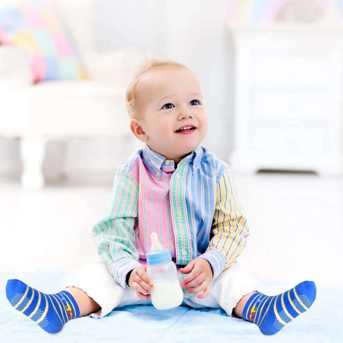 Tphon Toddler Socks, Kids Grip Socks 12 Pairs Non Slip Boys Sock for 1-10 Years Infants Baby Children