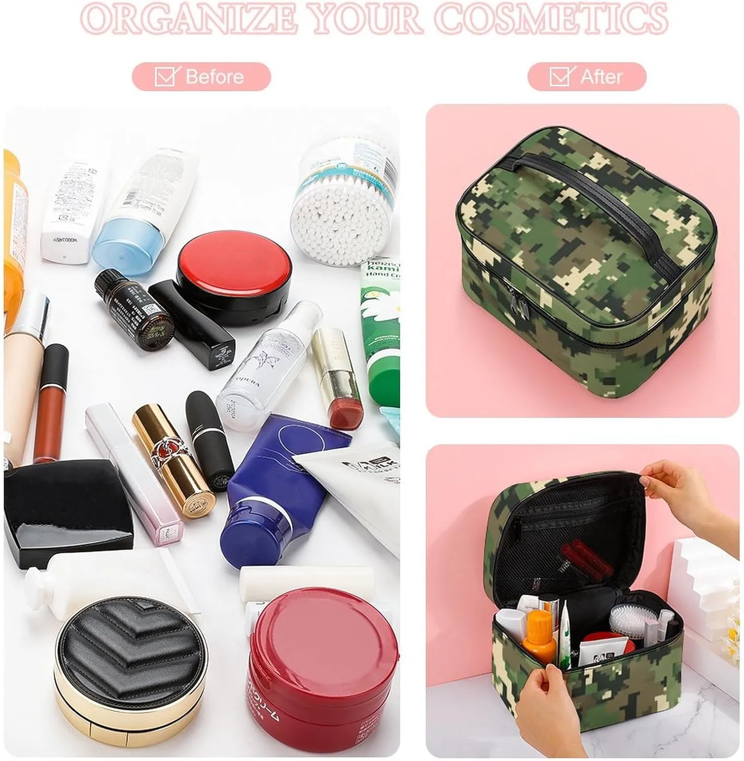 Travel Cosmetic Cases for Women, Multifunctional Makeup Organizer Bag, Green Camo Army Solider Camouflage Toiletry Storage Bag with Handle and Divider