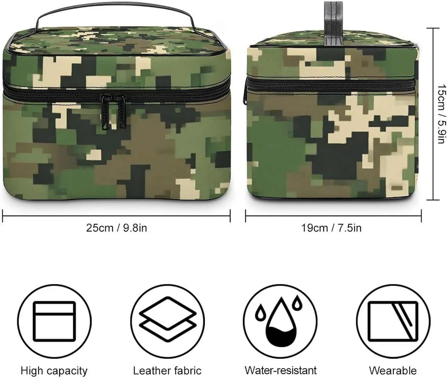 Travel Cosmetic Cases for Women, Multifunctional Makeup Organizer Bag, Green Camo Army Solider Camouflage Toiletry Storage Bag with Handle and Divider
