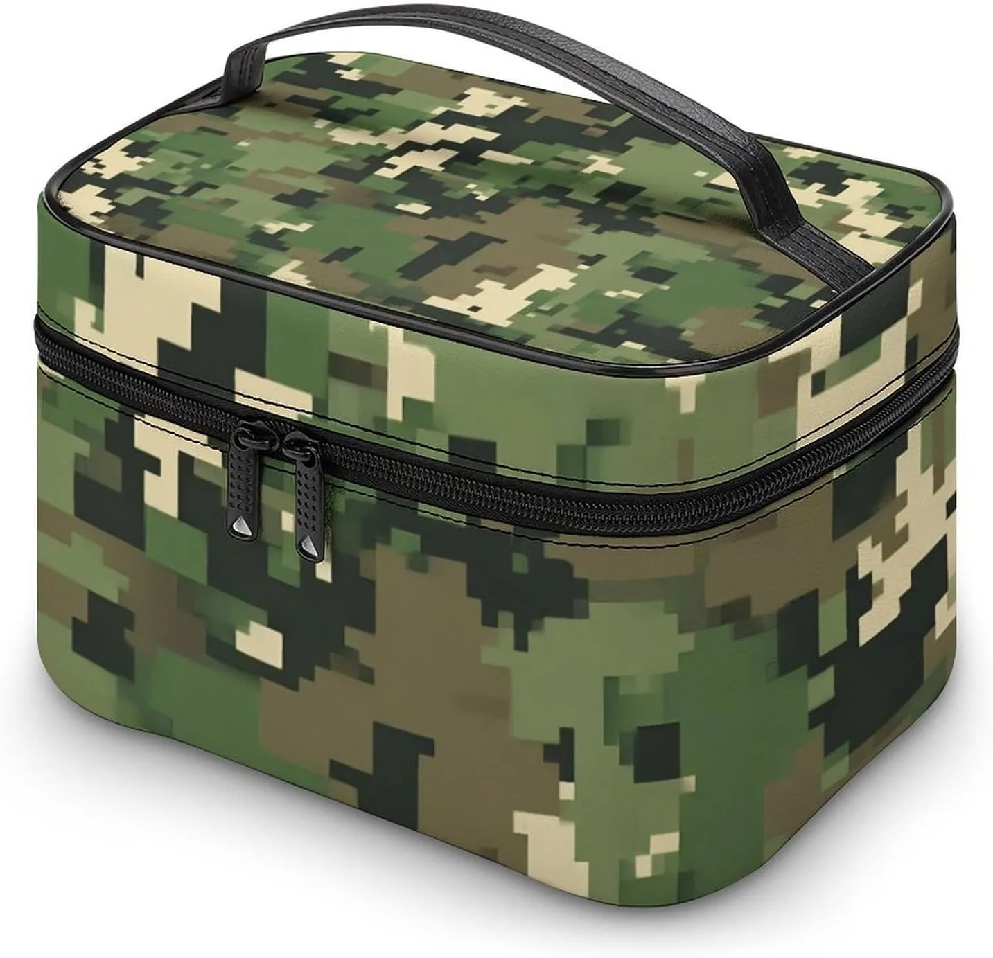 Travel Cosmetic Cases for Women, Multifunctional Makeup Organizer Bag, Green Camo Army Solider Camouflage Toiletry Storage Bag with Handle and Divider