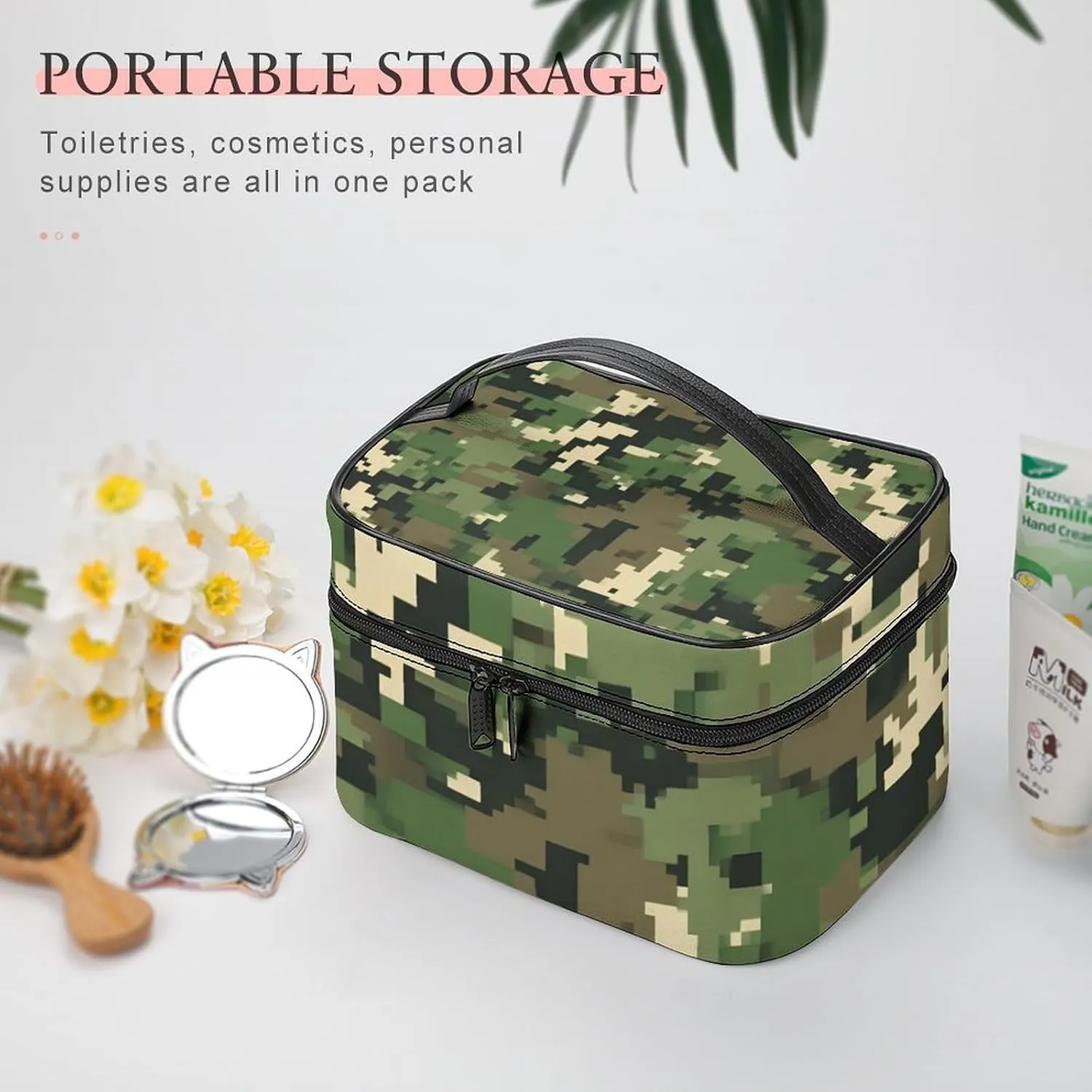Travel Cosmetic Cases for Women, Multifunctional Makeup Organizer Bag, Green Camo Army Solider Camouflage Toiletry Storage Bag with Handle and Divider