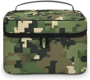 Travel Cosmetic Cases for Women, Multifunctional Makeup Organizer Bag, Green Camo Army Solider Camouflage Toiletry Storage Bag with Handle and Divider