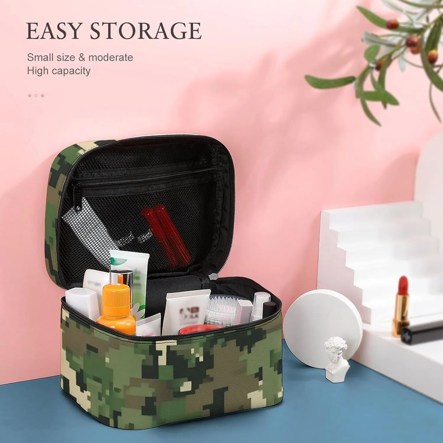 Travel Cosmetic Cases for Women, Multifunctional Makeup Organizer Bag, Green Camo Army Solider Camouflage Toiletry Storage Bag with Handle and Divider