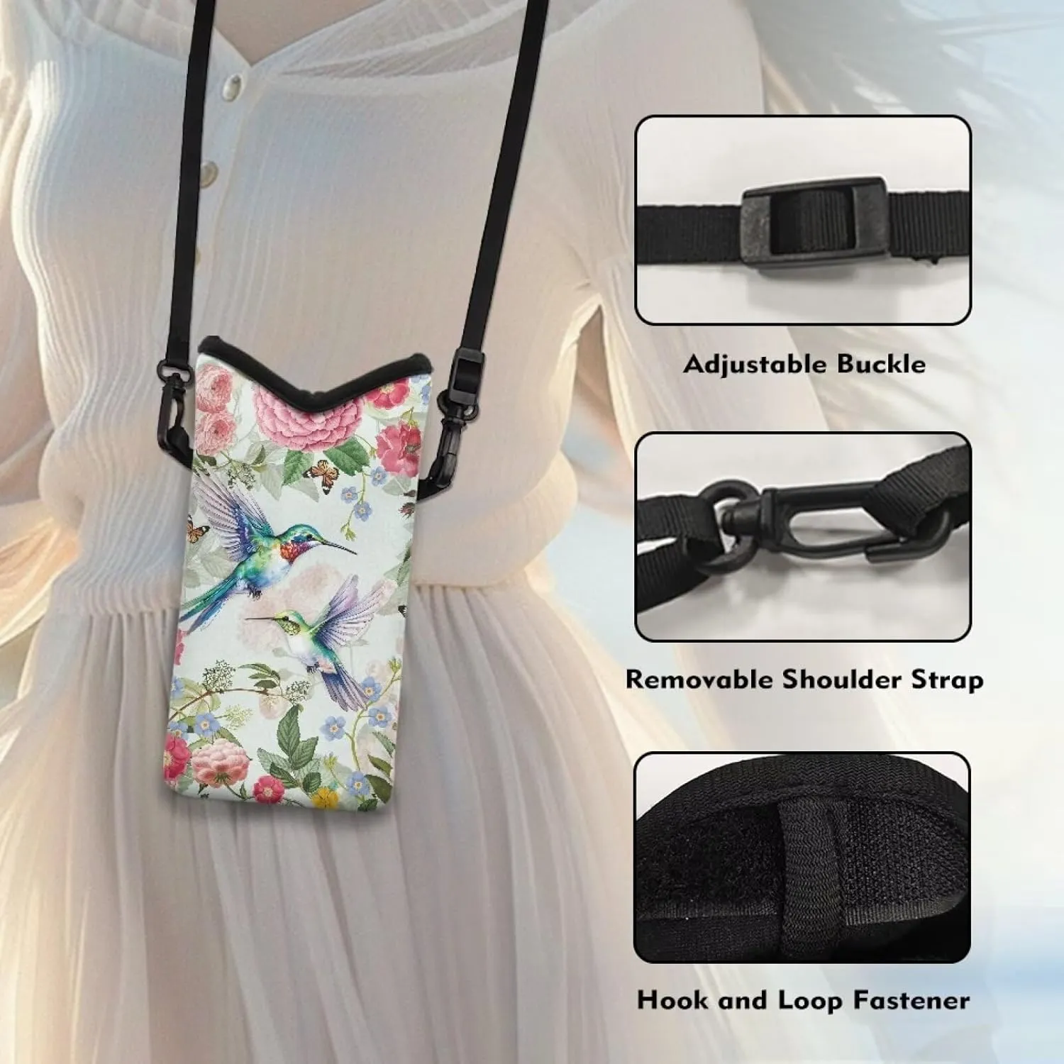 Travel Crossbody Cell Phone Purse Waterproof Mini Smartphone Shoulder Bag Lightweight Cellphone Bag for Phone, Keys, Power Bank, 8 x 4 inch, Hummingbird Flower Butterfly Green