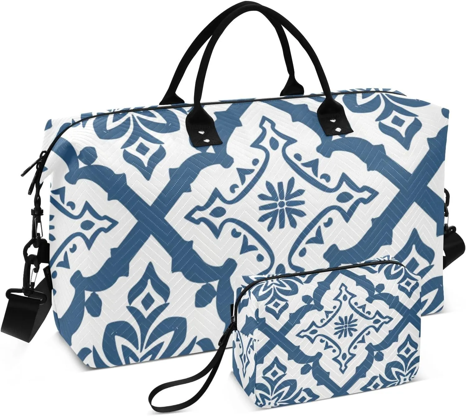 Travel Duffel Bag Weekender Duffel Bag Tote Bag with Adjustable Strap for Trekking Multifunctional Blue and White Traditional Square