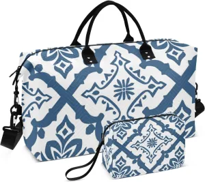 Travel Duffel Bag Weekender Duffel Bag Tote Bag with Adjustable Strap for Trekking Multifunctional Blue and White Traditional Square