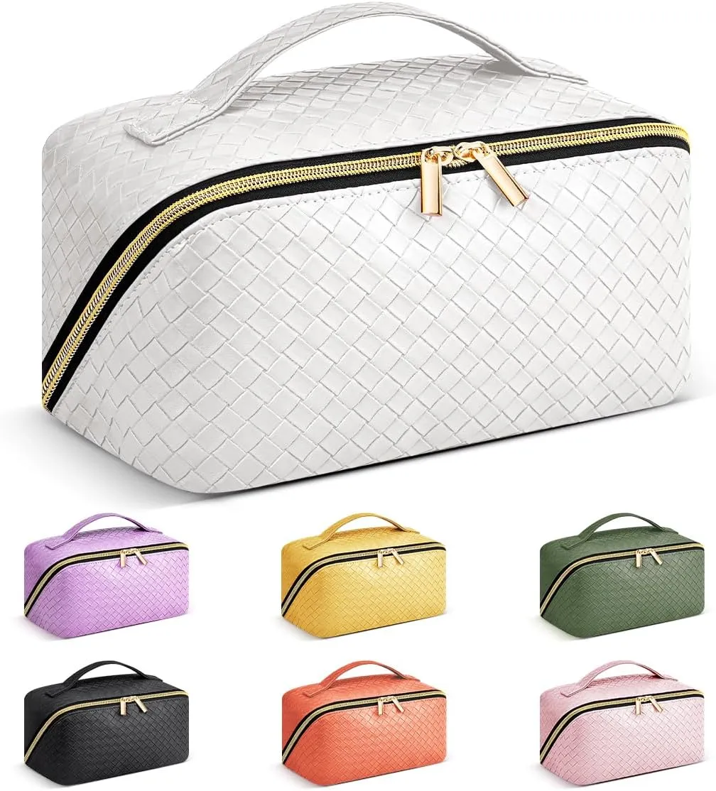 Travel Makeup Bag: Large Capacity Cosmetic Bag for Women, Portable PU Leather Waterproof Stuff Bag With Handle and Divider Flat Lay Makeup Pouch Toiletry Bag Birthday Gift for Women - White