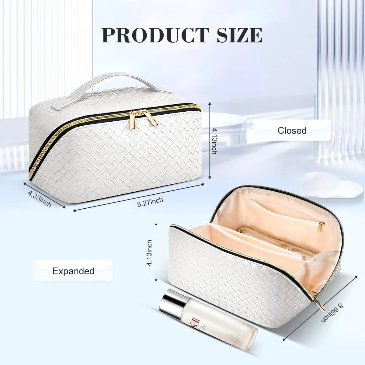 Travel Makeup Bag: Large Capacity Cosmetic Bag for Women, Portable PU Leather Waterproof Stuff Bag With Handle and Divider Flat Lay Makeup Pouch Toiletry Bag Birthday Gift for Women - White