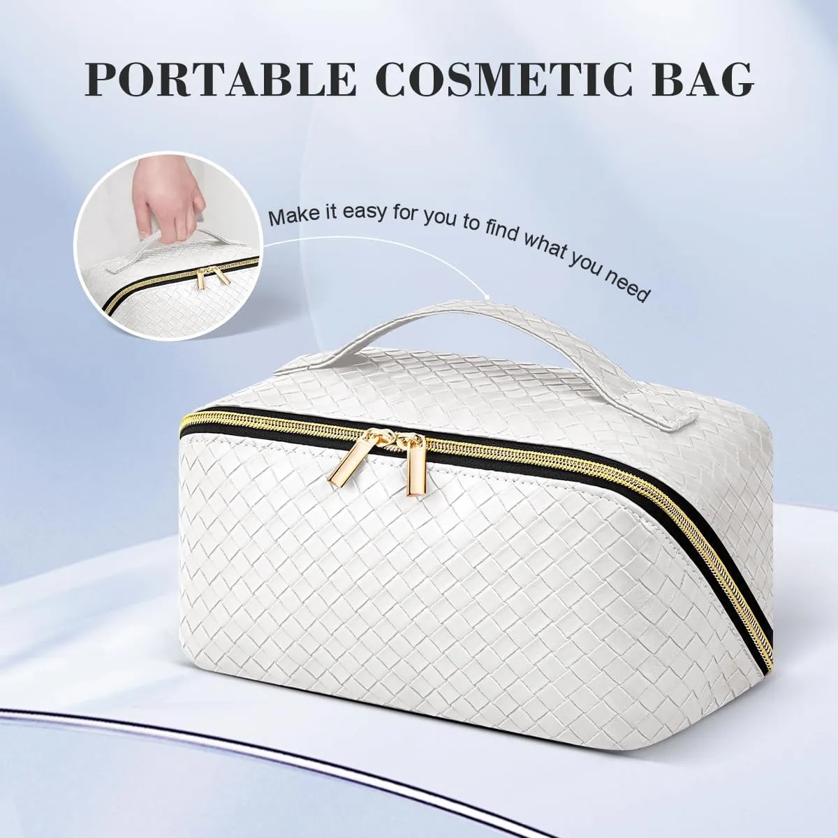 Travel Makeup Bag: Large Capacity Cosmetic Bag for Women, Portable PU Leather Waterproof Stuff Bag With Handle and Divider Flat Lay Makeup Pouch Toiletry Bag Birthday Gift for Women - White