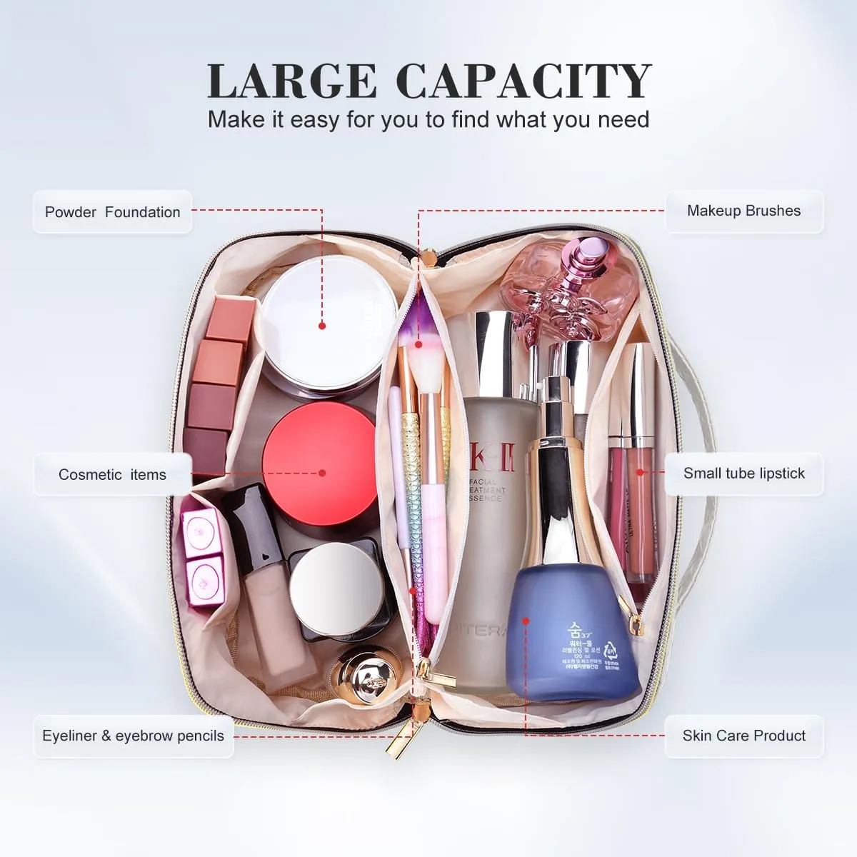 Travel Makeup Bag: Large Capacity Cosmetic Bag for Women, Portable PU Leather Waterproof Stuff Bag With Handle and Divider Flat Lay Makeup Pouch Toiletry Bag Birthday Gift for Women - White
