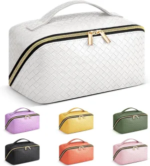 Travel Makeup Bag: Large Capacity Cosmetic Bag for Women, Portable PU Leather Waterproof Stuff Bag With Handle and Divider Flat Lay Makeup Pouch Toiletry Bag Birthday Gift for Women - White