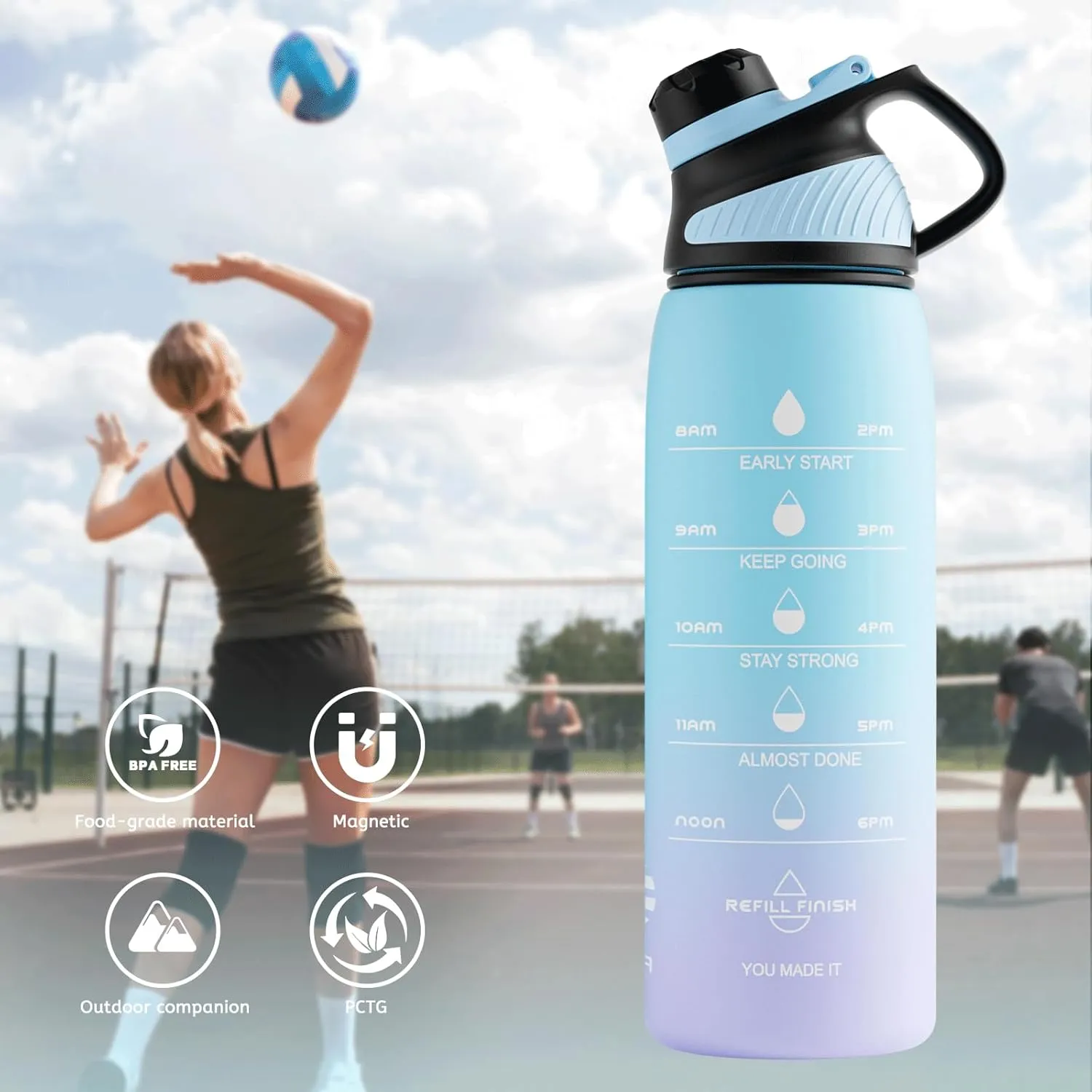 Tritan Plastic Water Bottle With Carry Strap, 34 oz BPA-Free Sports Water Bottle, with Magnetic Cap, Lightweight Leakproof Plastic Jug for Sports, Travel, School, Gym, Outdoor