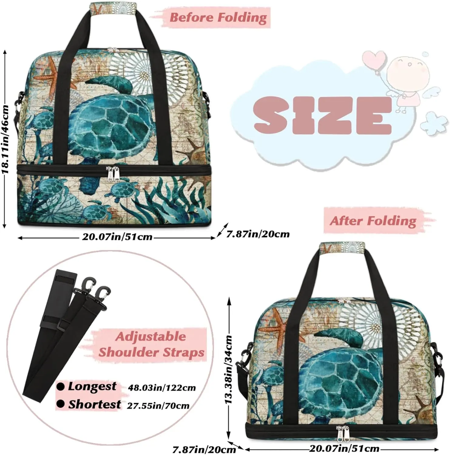 Turtle Foldable Travel Duffel Bag, Expandable Sports Gym Bag with Shoes Compartment Weekender Overnight Totes Bags for Women Men