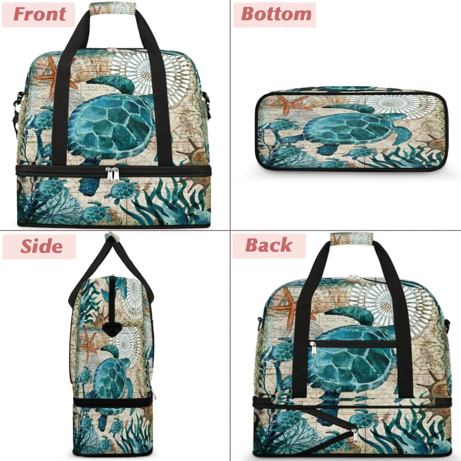 Turtle Foldable Travel Duffel Bag, Expandable Sports Gym Bag with Shoes Compartment Weekender Overnight Totes Bags for Women Men
