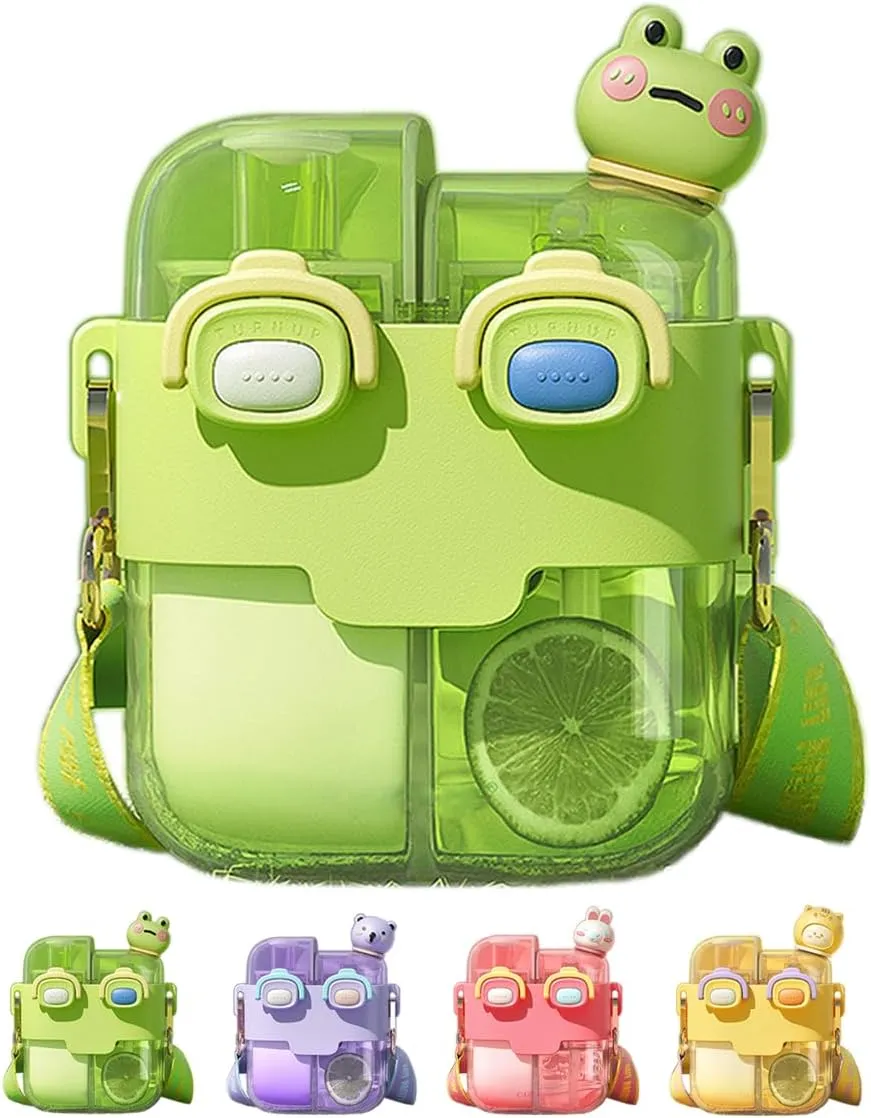 Two Drink Kids Water Bottle with Straw Cute Aesthetic Large Capacity Two-Layer Cup for Little Girls Student Boys School Outdoor Travel, PP and PC Material, 18 oz (Lime Green)