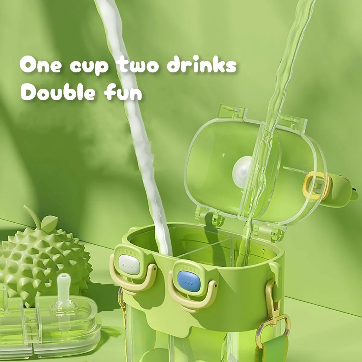 Two Drink Kids Water Bottle with Straw Cute Aesthetic Large Capacity Two-Layer Cup for Little Girls Student Boys School Outdoor Travel, PP and PC Material, 18 oz (Lime Green)