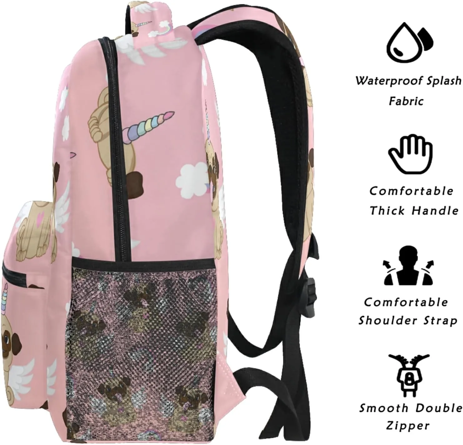 Unicorn Pug Wings Rainbow Backpack Dog Heart Bookbag Daypack School Bag