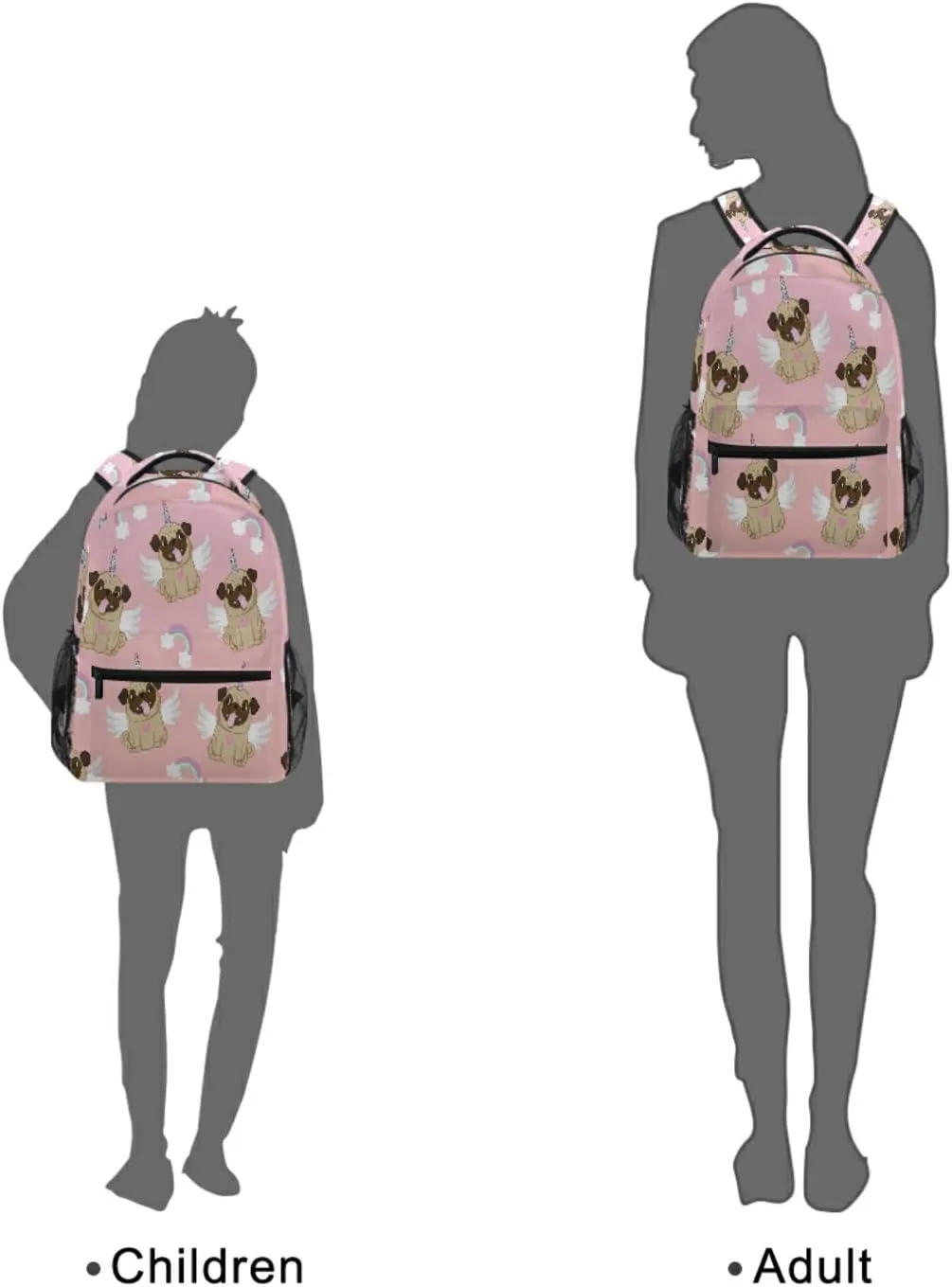 Unicorn Pug Wings Rainbow Backpack Dog Heart Bookbag Daypack School Bag