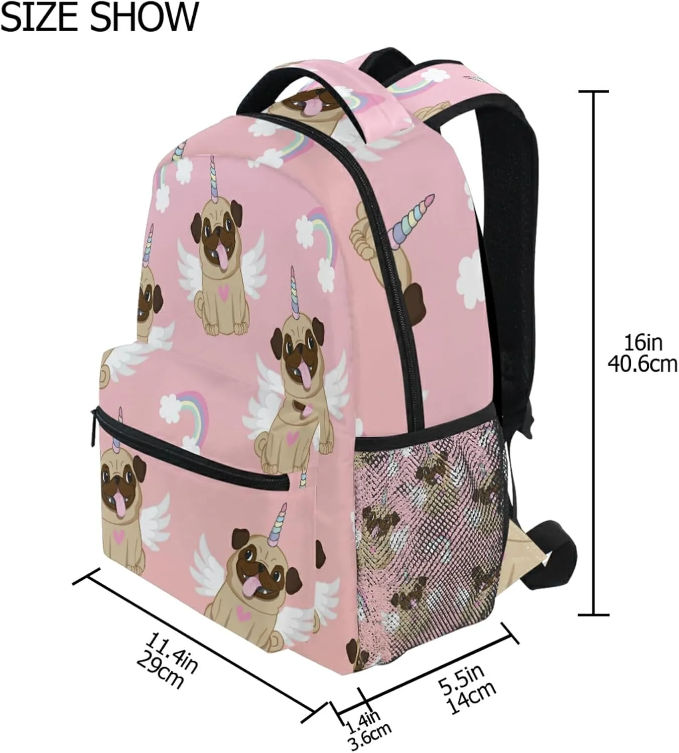 Unicorn Pug Wings Rainbow Backpack Dog Heart Bookbag Daypack School Bag