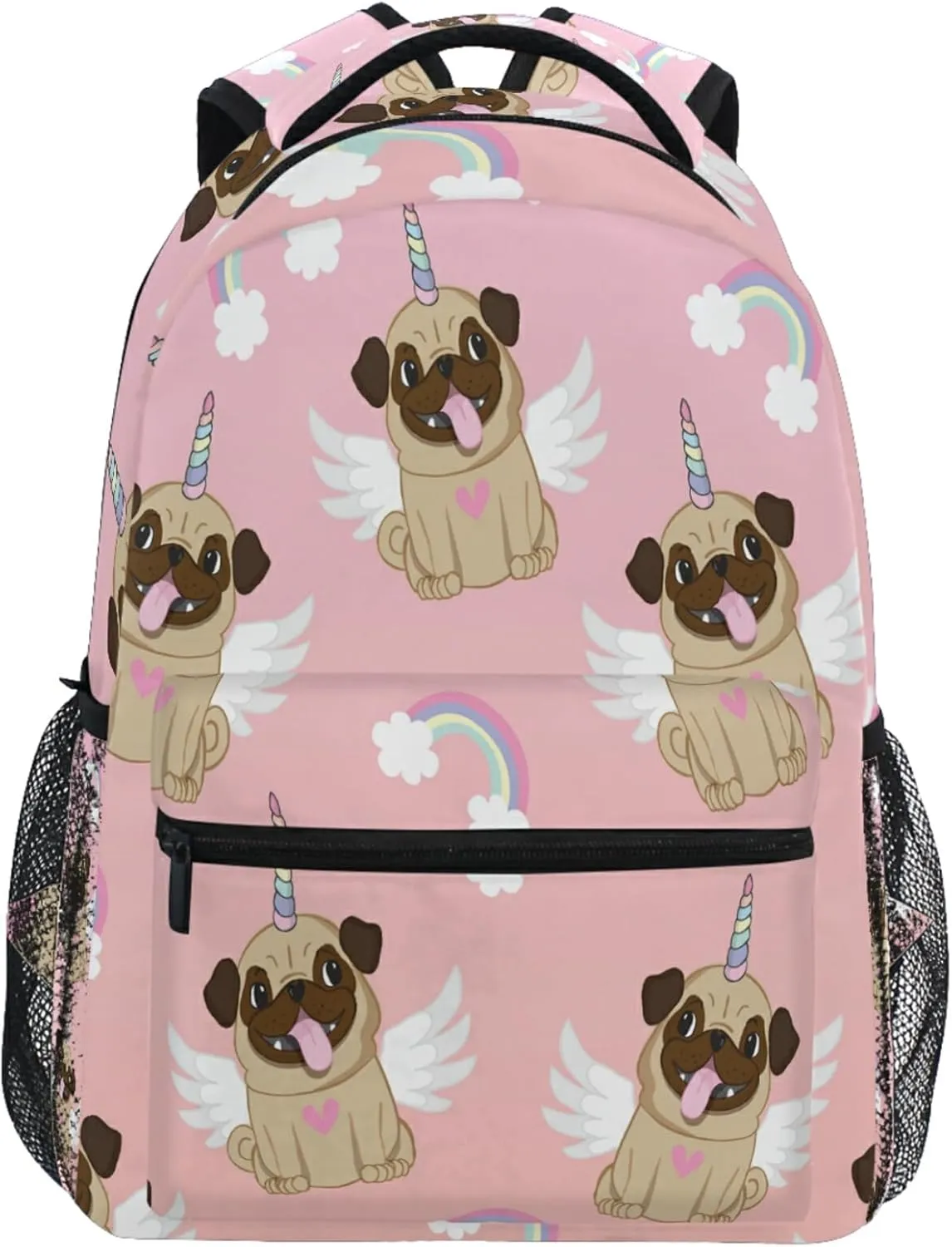 Unicorn Pug Wings Rainbow Backpack Dog Heart Bookbag Daypack School Bag