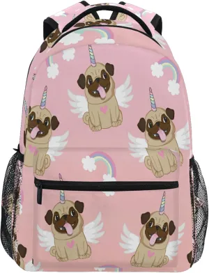 Unicorn Pug Wings Rainbow Backpack Dog Heart Bookbag Daypack School Bag