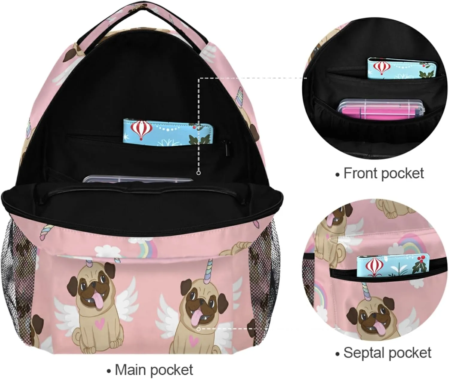 Unicorn Pug Wings Rainbow Backpack Dog Heart Bookbag Daypack School Bag
