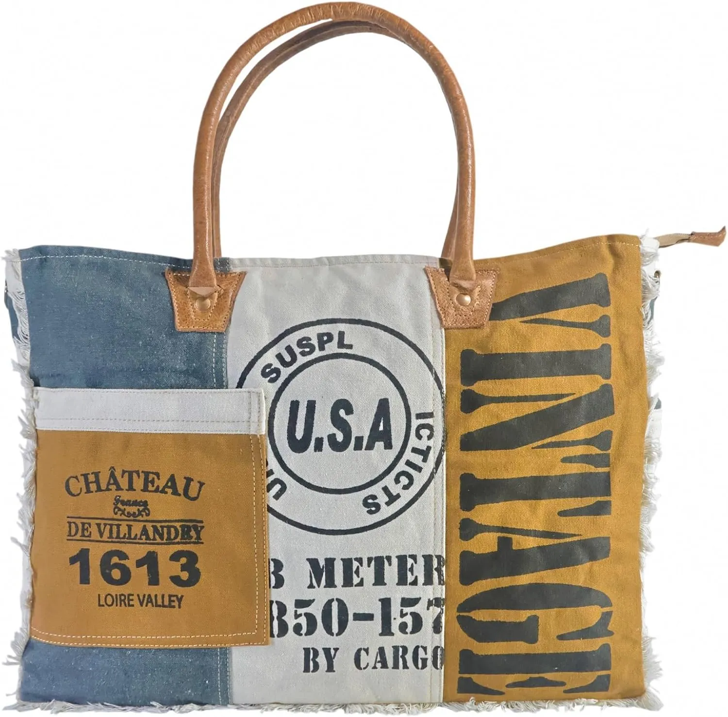 Upcycled Canvas Leather Shoulder Tote Hand Bag Lightweight Shopping Crossbody Bag For Woman (18x14)