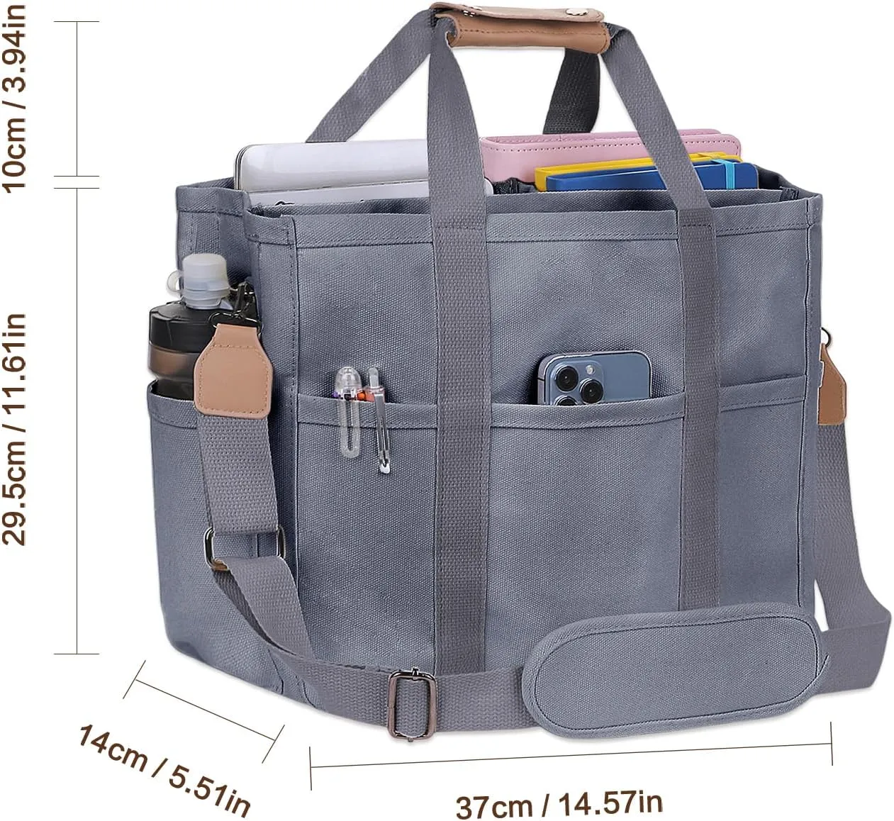 Utility Large Canvas Tote Bag with 13 Pockets Compartments, Multi Crossbody Tote Bag Work Shoulder Bag Travel Bag