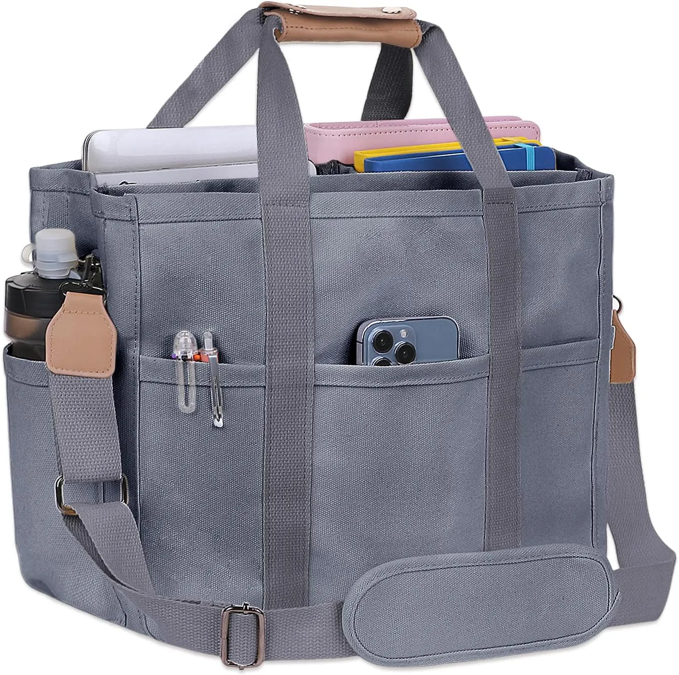 Utility Large Canvas Tote Bag with 13 Pockets Compartments, Multi Crossbody Tote Bag Work Shoulder Bag Travel Bag