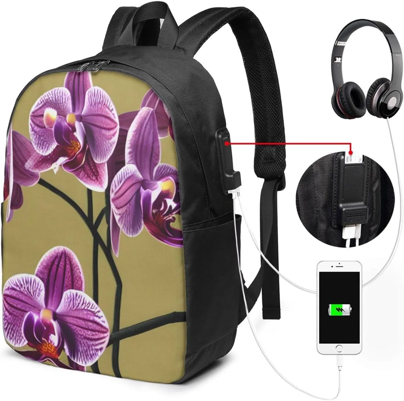 vacsAX Durable Ergonomic Backpack With - Large Capacity With USB Ports - Perfect For Women Men Beautiful Orchids