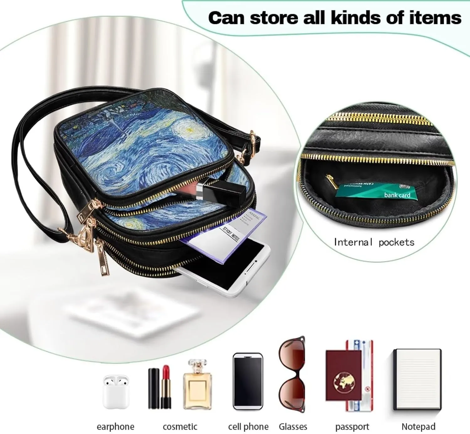 Van Gogh Art Cell Phone Purse Crossbody Bags for Women, Monet Artwork PU Leather Cellphone Bag Small Travel Purses