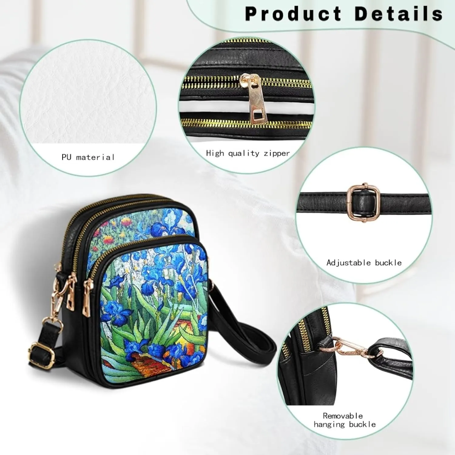 Van Gogh Art Cell Phone Purse Crossbody Bags for Women, Monet Artwork PU Leather Cellphone Bag Small Travel Purses