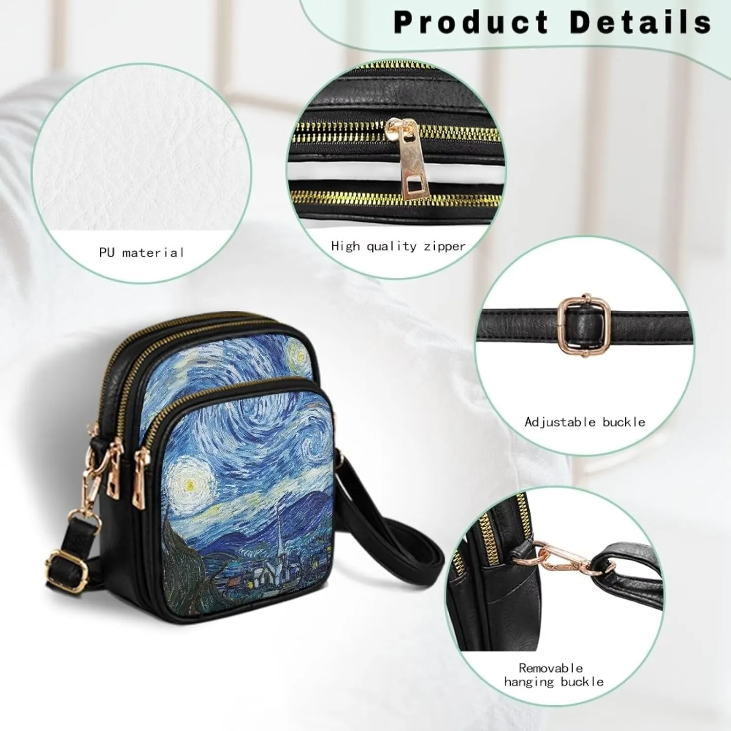 Van Gogh Art Cell Phone Purse Crossbody Bags for Women, Monet Artwork PU Leather Cellphone Bag Small Travel Purses