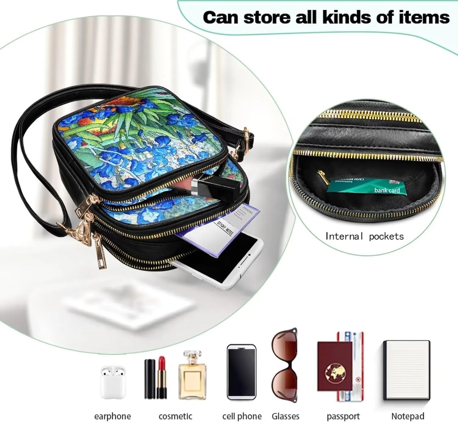 Van Gogh Art Cell Phone Purse Crossbody Bags for Women, Monet Artwork PU Leather Cellphone Bag Small Travel Purses