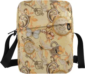 VIGTRO Small Crossbody Bag for Women Men, Butterflies Floral Vintage Watches Messenger Bag Purse with Adjustable Strap, Small Shoulder Bag for Travel Outdoor Sports