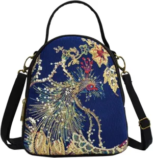 Vintage Canvas Boho Crossbody Purse Phoenix Sequin Shoulderbag for Women Cell Phone Wallets