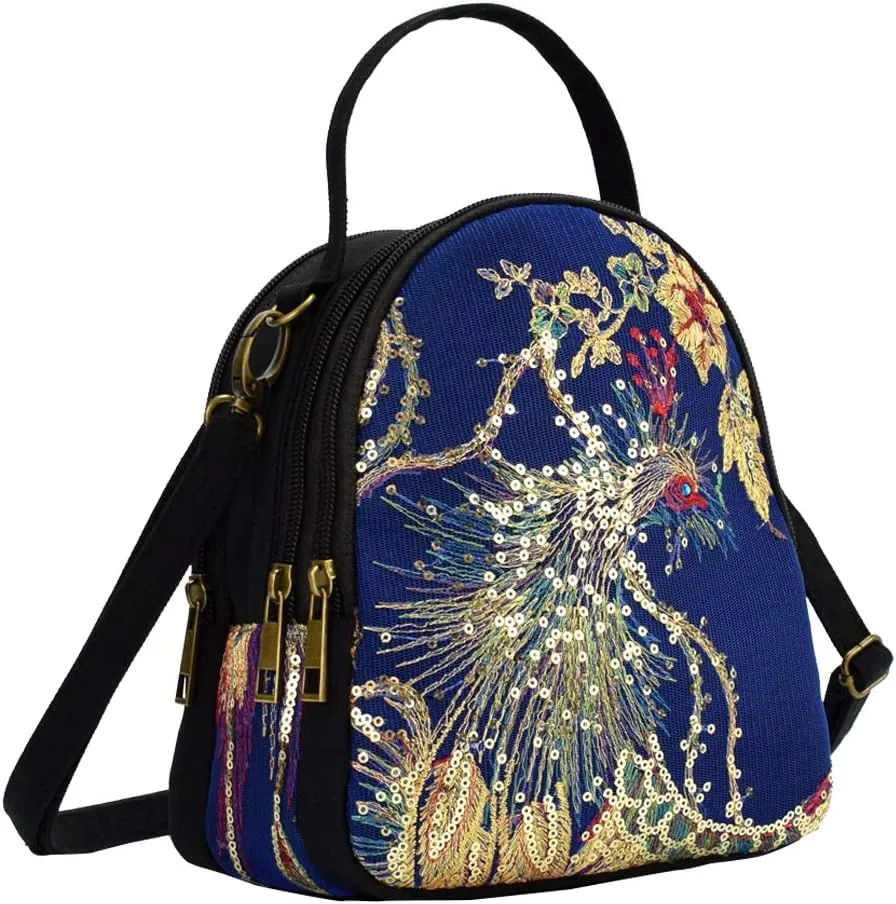 Vintage Canvas Boho Crossbody Purse Phoenix Sequin Shoulderbag for Women Cell Phone Wallets